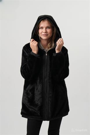 VİOLET Kapüşonlu Bele Bağcıklı İçi Peluş Kürklü Kadın Mont