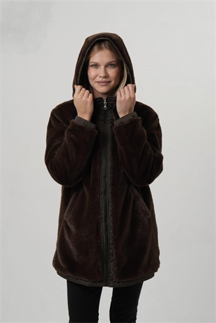 VİOLET Kapüşonlu Bele Bağcıklı İçi Peluş Kürklü Kadın Mont