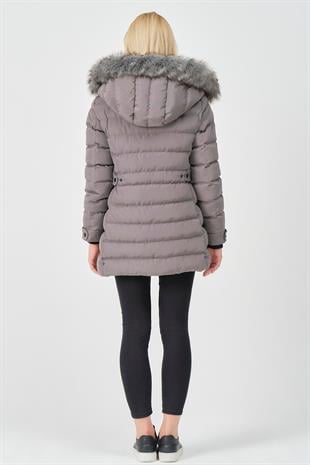YASMİN25 Kapüşonu Kürklü Beli Çıtçıtlı Slimfit Detay Mont