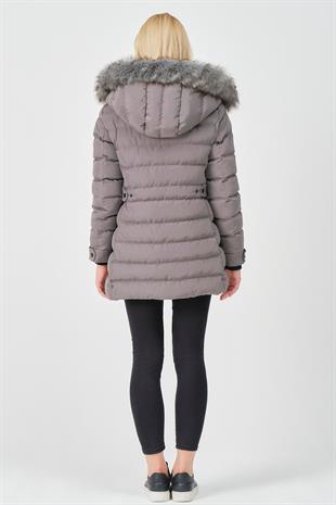 YASMİN25 Kapüşonu Kürklü Beli Çıtçıtlı Slimfit Detay Mont