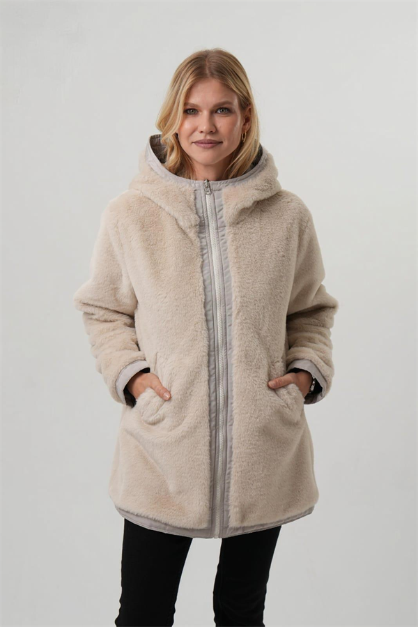 VİOLET Kapüşonlu Bele Bağcıklı İçi Peluş Kürklü Kadın Mont