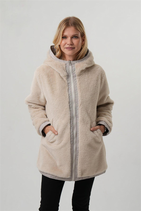 VİOLET Kapüşonlu Bele Bağcıklı İçi Peluş Kürklü Kadın Mont