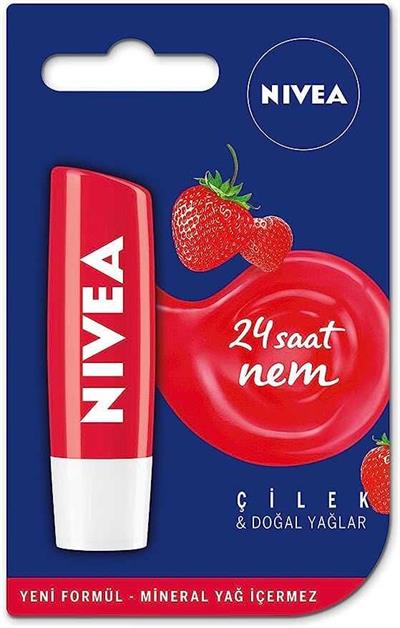NIVEA Çilek Dudak Bakım Kremi 4.8 g, 24 Saat Nem, Dudak Bakımı, Çilek Kokusu, Hafif Kırmızı Işıltı