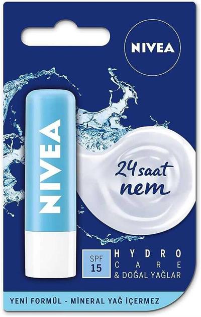 NIVEA Hydro Care Dudak Bakım Kremi, 24 Saat Nem, Aloe Vera, Saf Su ve Doğal Yağlar, SPF 15, Gün Boyu Dudak Bakımı, 4,8g