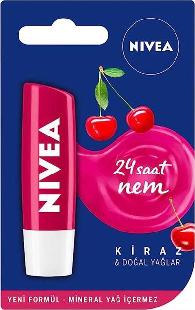NIVEA Kiraz Dudak Bakım Kremi, 24 Saat Nem, Dudak Bakımı, Kiraz Kokusu, Hafif Kırmızı Işıltı (4,8gr)
