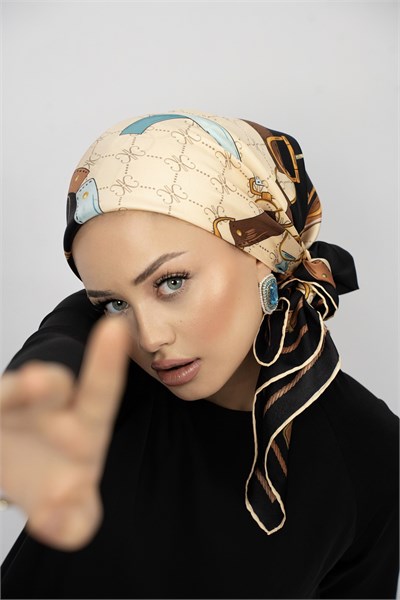 BIANCA KAHVE-MAVİ TİVİL İPEK EŞARP 90x90