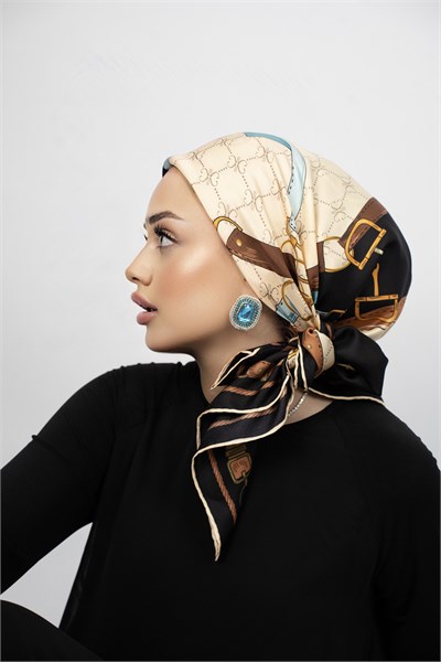 BIANCA KAHVE-MAVİ TİVİL İPEK EŞARP 90x90