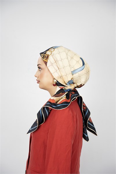 BIANCA LACİVERT-KIRMIZI  TİVİL İPEK EŞARP 90x90