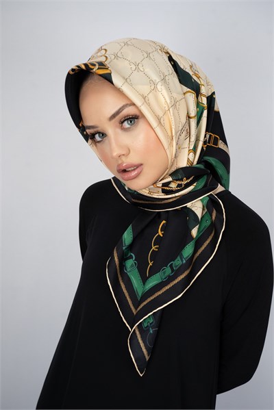 BIANCA SİYAH-YEŞİL TİVİL İPEK EŞARP 90x90