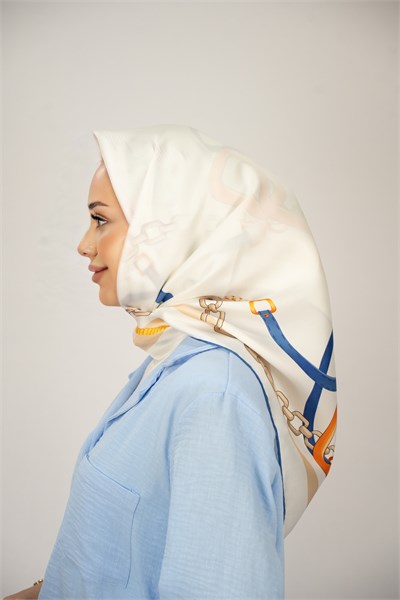 SOFİA MAVİ-TURUNCU TİVİL İPEK EŞARP 90x90