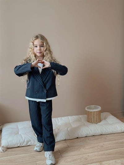 Unisex Lacivert Çizgili Blazer Takım