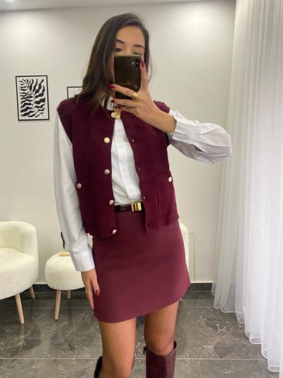 Bordo Gold Düğmeli Triko Yelek