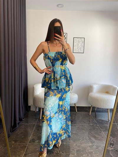 Çiçek Desenli Askılı Şifon Mavi Elbise