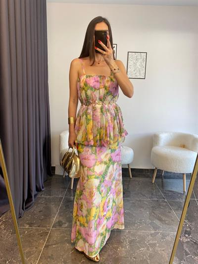 Çiçek Desenli Askılı Şifon Pembe Elbise