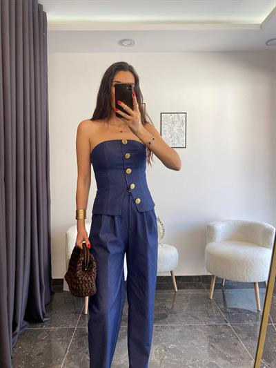 Gold Düğmeli Lacivert Büstiyer