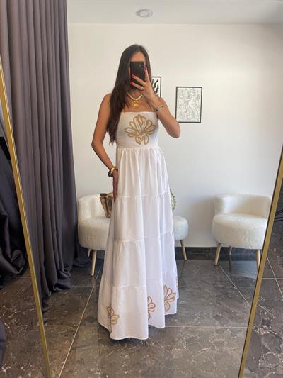 Nakış Detaylı Pamuklu İnce Askılı Elbise