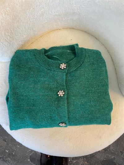 Orijinal Marka Taşlı Düğmeli Yeşil Triko