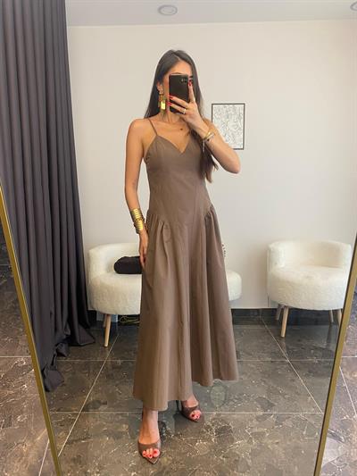 Pamuklu Ayarlanabilir Askılı Maxi Kahve Elbise