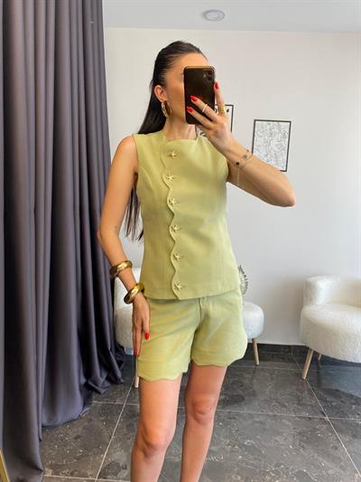 Pamuklu Keten Çağla Yeşili Şortlu Yelek Takım