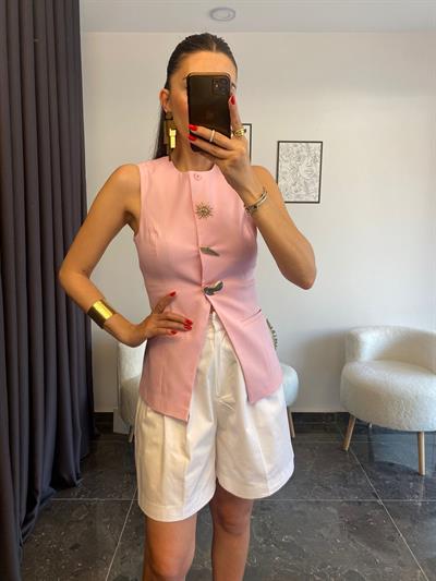 Premium Kalite Gold Broş Detaylı Pembe Yelek
