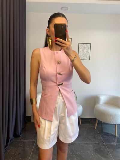 Premium Kalite Gold Broş Detaylı Pembe Yelek