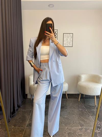 Premium Kalite Pamuklu Keten Mavi Ceket Pantolon Takımı