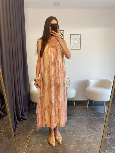 Zincir Detaylı Batik Desenli Şifon Elbise