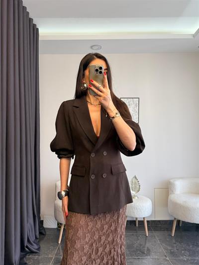 Acı Kahve Balon Kol Belden Oturtmalı Blazer Ceket 
