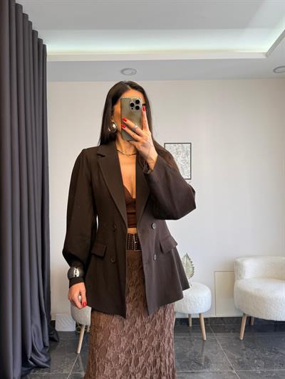 Acı Kahve Balon Kol Belden Oturtmalı Blazer Ceket 