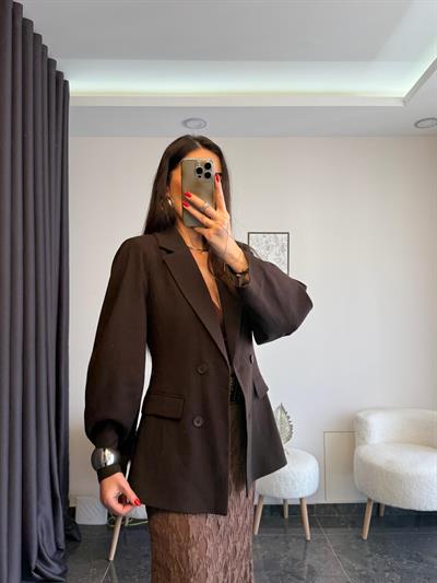 Acı Kahve Balon Kol Belden Oturtmalı Blazer Ceket 