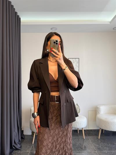 Acı Kahve Balon Kol Belden Oturtmalı Blazer Ceket 