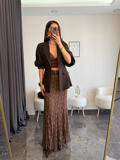 Acı Kahve Balon Kol Belden Oturtmalı Blazer Ceket 