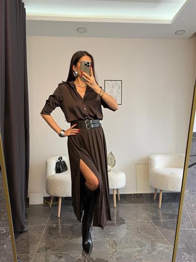 Acı Kahve Çift Kemerli Tek Yırtmaçlı Pileli Etek 