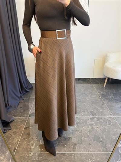 Acı Kahve Ekose Desen Yan Cepli Midi Elbise