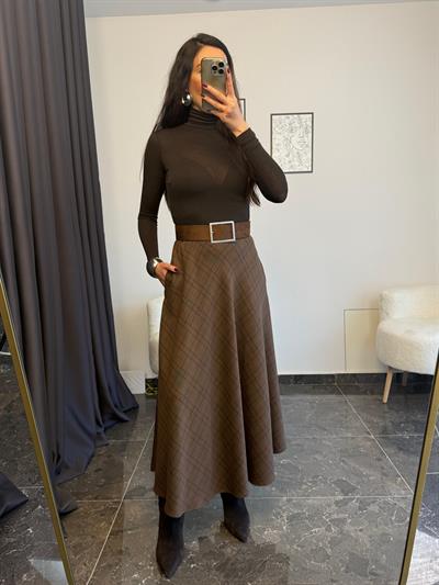 Acı Kahve Ekose Desen Yan Cepli Midi Elbise