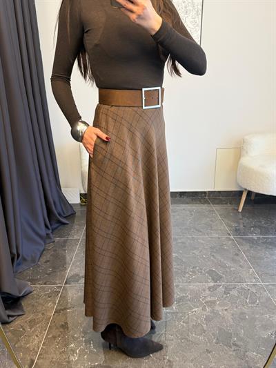 Acı Kahve Ekose Desen Yan Cepli Midi Elbise