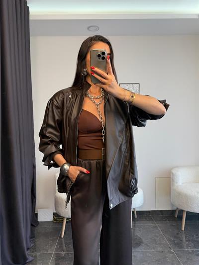 Acı Kahve Eskitme Detay Dik Yaka Deri Mont