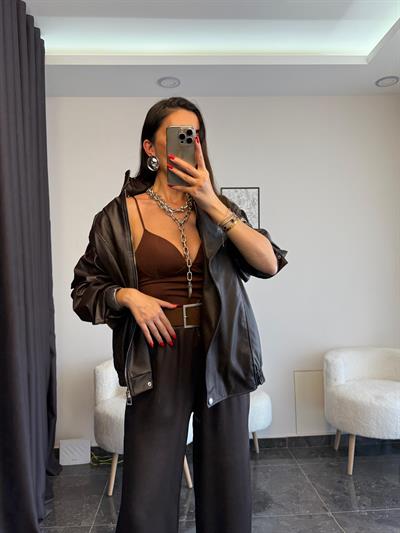 Acı Kahve Eskitme Detay Dik Yaka Deri Mont