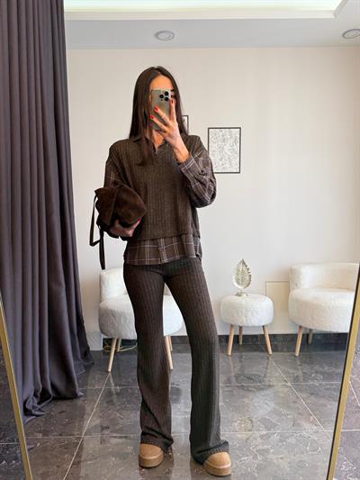 Acı Kahve Gömlek Detaylı Triko Takım