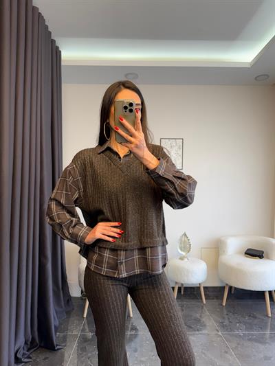 Acı Kahve Gömlek Detaylı Triko Takım