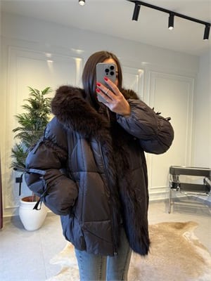 Acı Kahve Kürk Yaka Detaylı Şişme Mont