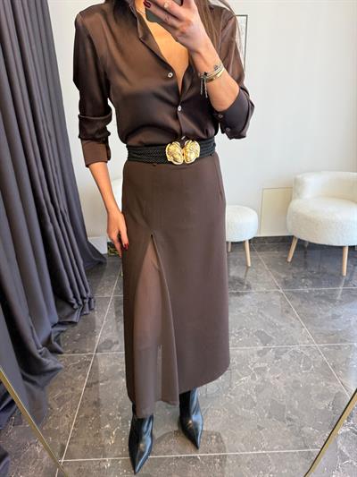 Acı Kahve Tül Yırtmaçlı Etek 