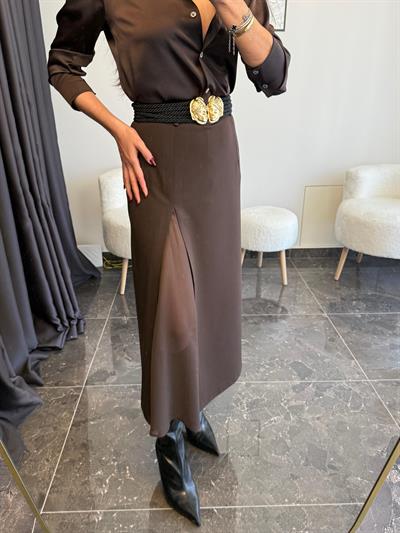 Acı Kahve Tül Yırtmaçlı Etek 