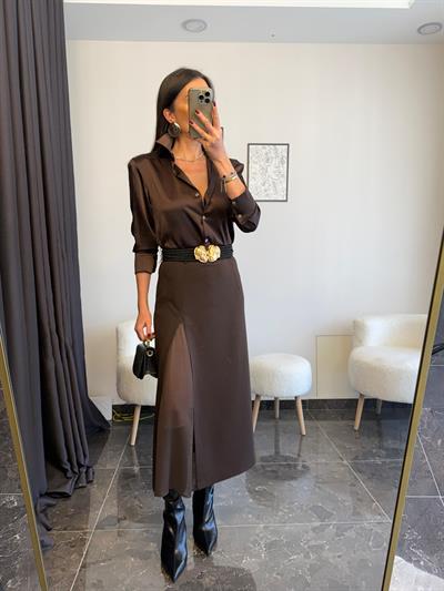 Acı Kahve Tül Yırtmaçlı Etek 