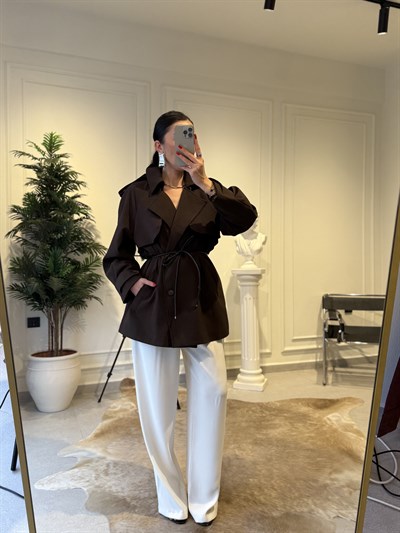 Acıkahve Deri İp Kemerli Trençkot 