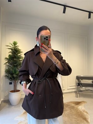 Acıkahve Deri İp Kemerli Trençkot 