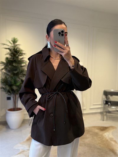 Acıkahve Deri İp Kemerli Trençkot 