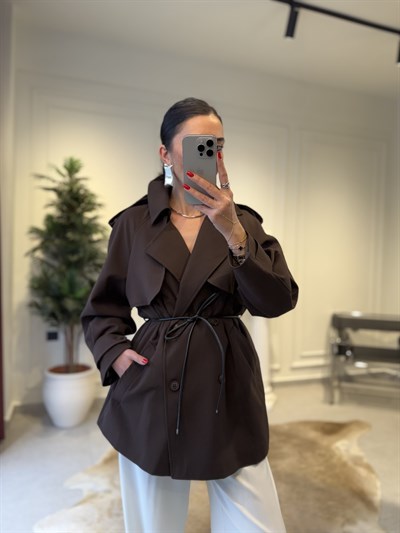 Acıkahve Deri İp Kemerli Trençkot 