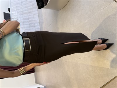 Acıkahve Kemerli Önden Yırtmaçlı Etek 