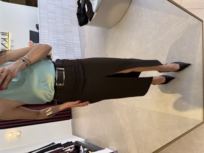 Acıkahve Kemerli Önden Yırtmaçlı Etek 